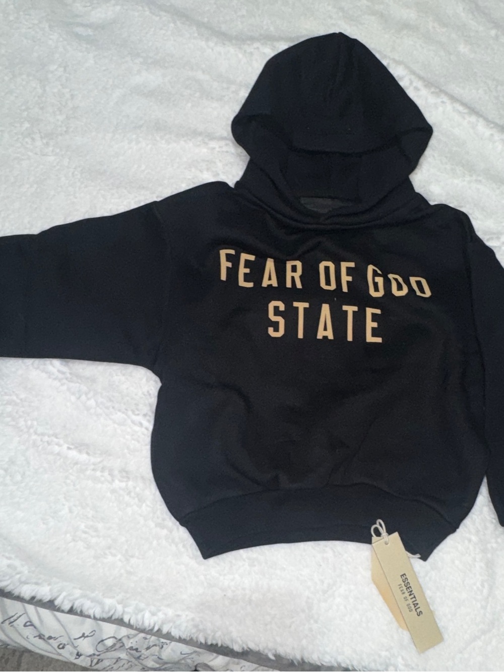 Fear of God Kids Black Hoodie with Tan 'FEAR OF GOD STATE' Lettering